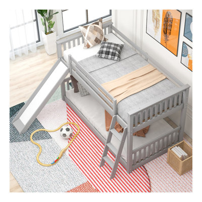 Lit superposé simple au-dessus d'un lit simple avec glissière convertible et échelle, gris