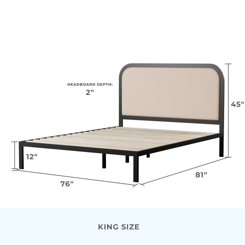 Black Metal Bed Frame with Rounded Upholstered Headboard