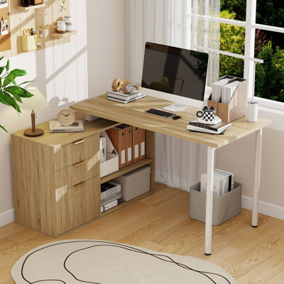 L Shaped Wooden Desk With 3 Drawers: 53" Oak Large L Shaped Desk With Storage, Home Office Desks With File Drawers, Fluted Executive Computer Writing