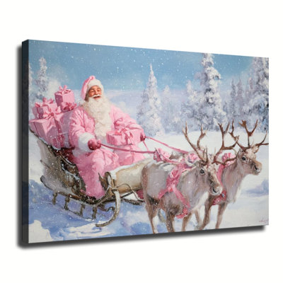 Pink Santa Claus With Reindeer Sleigh Christmas Oil Painting, Large Gallery Wrapped Canvas Wall Art Print For Living Room Bedroom