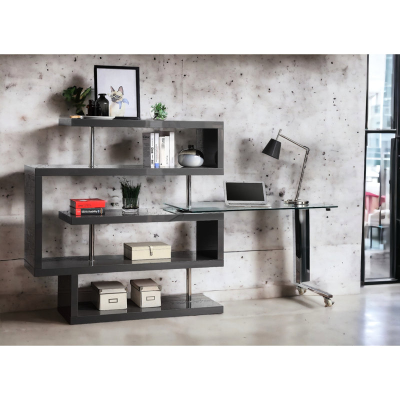 Bureau d'écriture moderne avec plateau et pieds en métal avec finition en verre transparent, espace de rangement à 4 tablettes