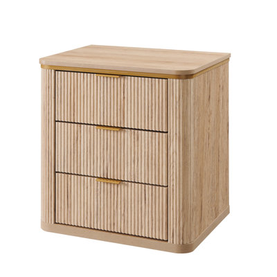 24" Fluted Nightstand With 3 Drawers, Mid Century Modern Wood Night Stand With Metal Handle