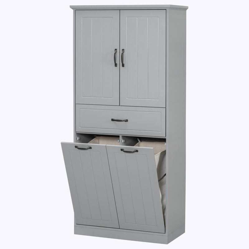Armoire de rangement pour salle de bain avec deux paniers à linge, portes et tiroir, Gris