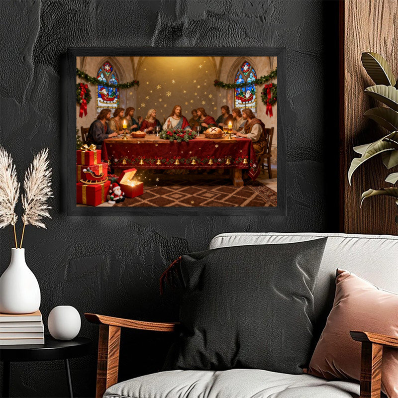 Art mural noir encadré rétro du Père Noël - impressions de décorations de scène religieuse de Noël, H 25 po x l 17 po