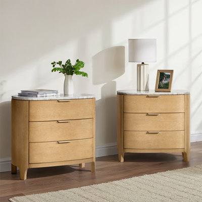 Burdine Giselle Modern 28" W 3 Drawer Solid Wood Nightstand with Marble Top and Oak Veneer
