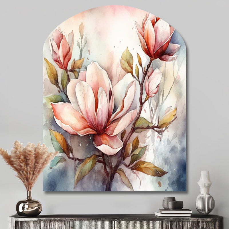 «Red Magnolia Symphony - Magnolias Arch», impression murale en métal, décoration murale asymétrique traditionnelle en métal