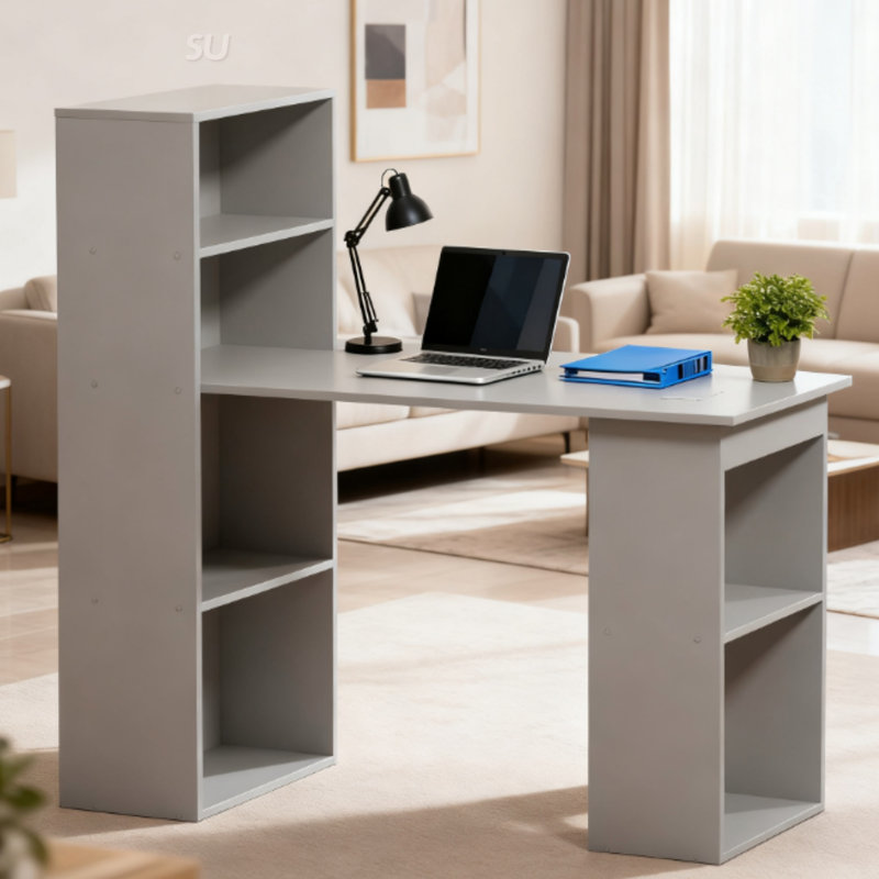 Bureau d'ordinateur compact avec bibliothèque, parfait pour un petit bureau à domicile et un poste de travail efficace
