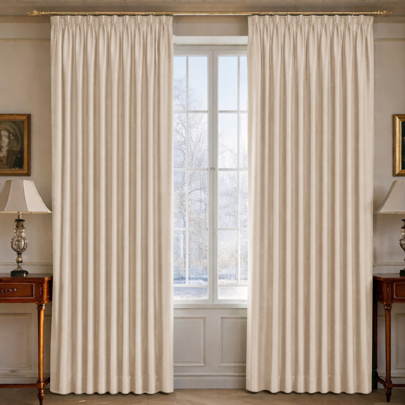 100% Polyester Blackout Pencil Pleat Room Darkening Curtains, 168cm Width x 228cm Drop, Cream