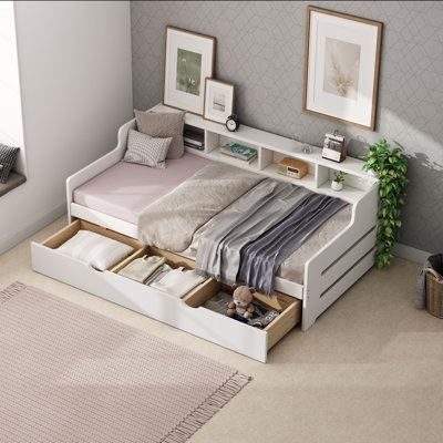 Lit de jour simple en bois avec 3 plateaux pour chambre d'amis, petite chambre, salle d'étude, blanc