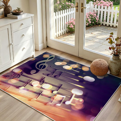 Tapis d'intérieur blanc lavable à la machine, à motifs abstraits, lumineux et colorés, avec motif musical.
