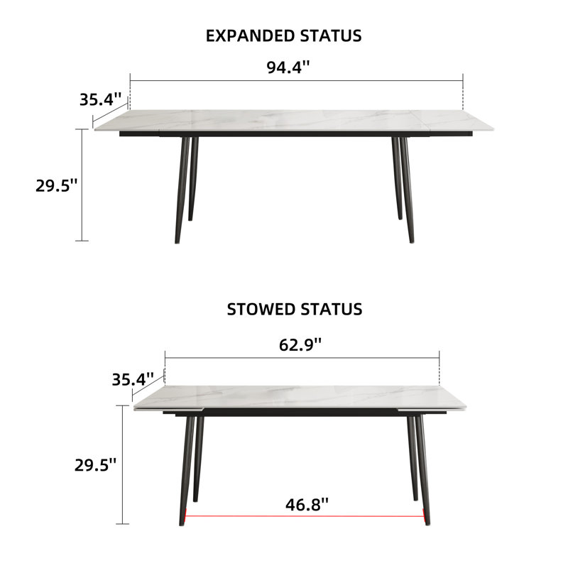 9-Piece Modern Extendable Dining Room Set, 94.5" White Marble Look Table with 8 Grey Upholstered Chairs, Tapered Metal Legs