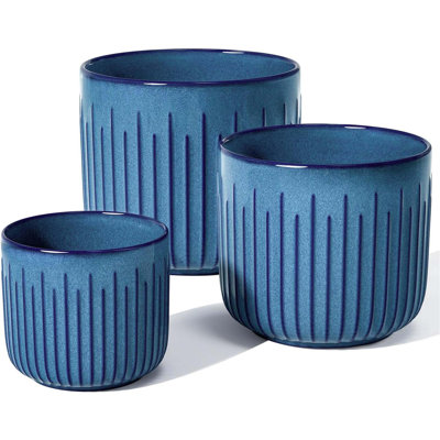 Fluted Ceramic Planters With Drainage Holes And Mesh, Set Of 3, 8.3/7/6 Inch Glossy Glaze Cylinder Plant Pots, Blue