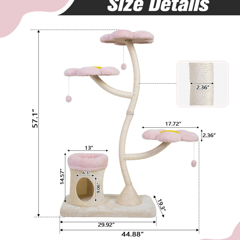Arbre à chat multi-niveaux rose et beige avec structure stable pour 3 instincts naturels, 3 plateformes de fleurs, tubes métalliques enveloppés
