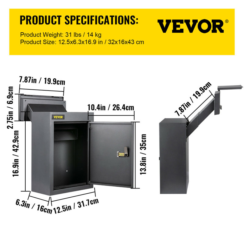 Boîte de dépôt à travers le mur VEVOR, boîte de dépôt de courrier de 12,5 po x 6,3 po x 16,9 po avec goulotte réglable, boîte de dépôt avec serrure à code, pour lettres, loyers, chèques et clés