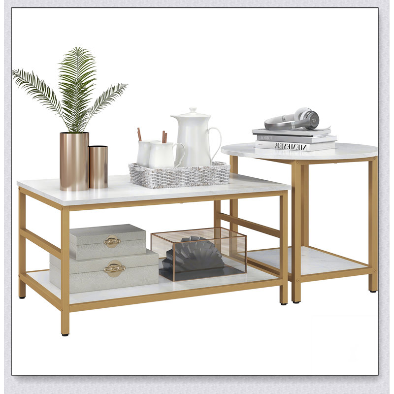 Coffee Tables Set of 2, 2-Rier Rectangle and Round Coffee Table with Storage Shelves