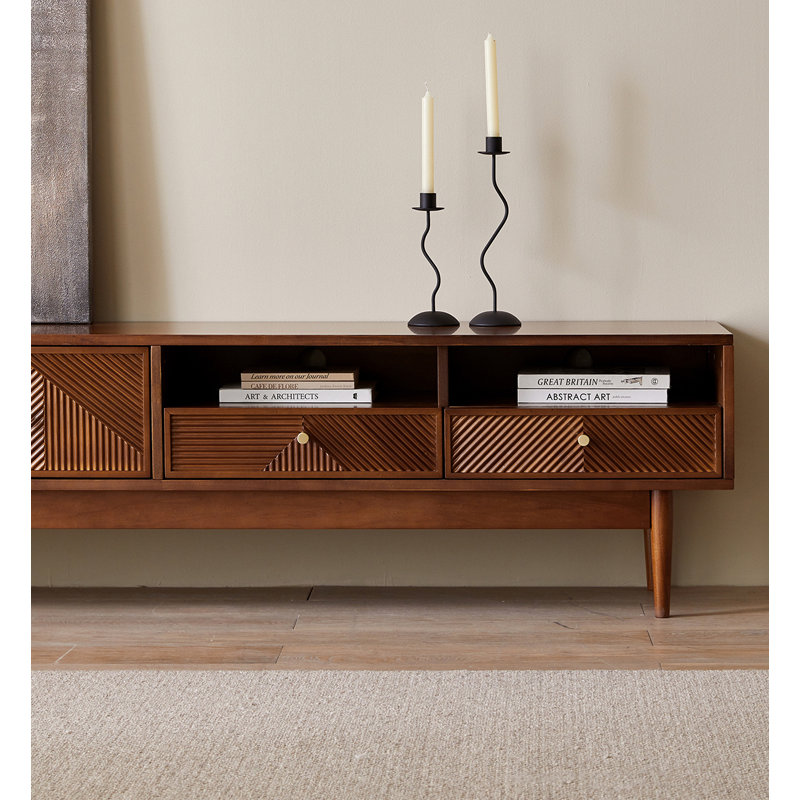 Console de télévision en bois massif de style Mid-Century avec tiroirs géométriques