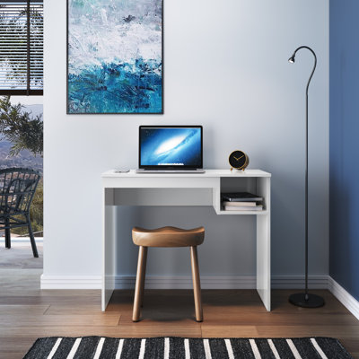 Compact Writing Desk with Side Shelves in White Finish – Small Computer Desk for Bedroom, Office, or Study
