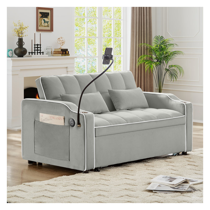 Canapé-lit pliable en velours gris avec port USB, canapé convertible inclinable 3-en-1 avec dossier réglable et poches latérales pour le salon de petite taille