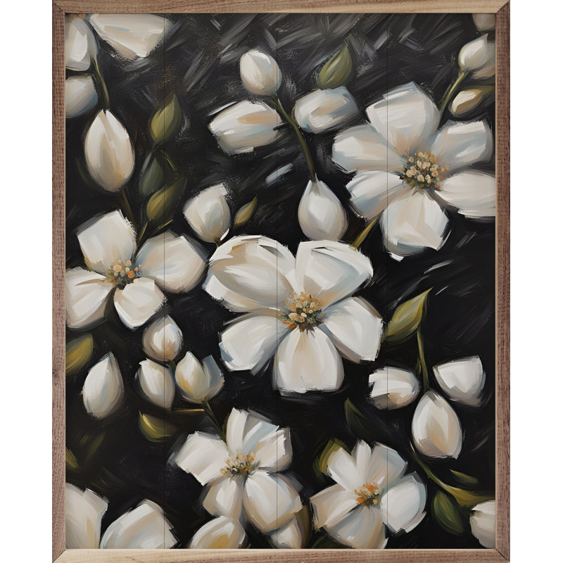 Magnolias sur fond noir, H 10 po x l 8 po x P 1 po