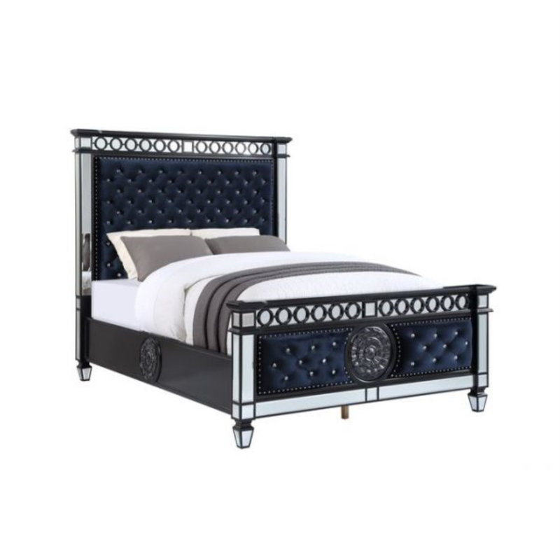 Lit très grand ACME Daymin Eastern en bleu marine foncé, miroir, noir et argent, Grand
