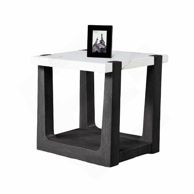 Table de bout 1pc, plateau en faux marbre à deux tons, finition noire et blanche, salon principal