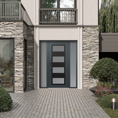 C2 Panel Black Steel Anthracite/Anthracite With 2 Sidelites Prehung Front Entry Door