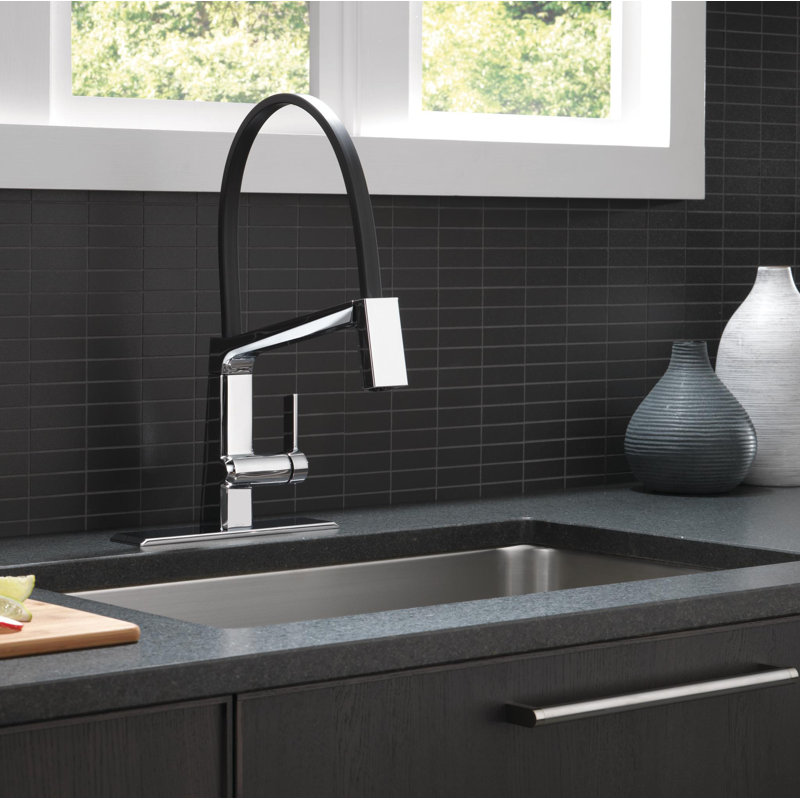 Pivotal Single Handle Exposed Hose Kitchen Faucet, Chrome