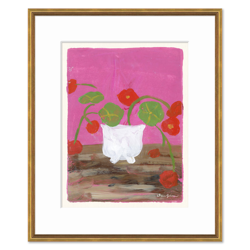 Black And White Table Cloth And Nasturtium On Harvest Table Print by Dana Gibson