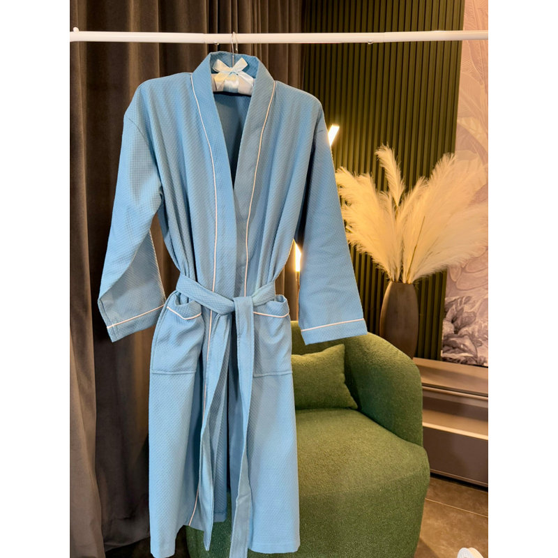Peignoir unisexe en coton gaufré bleu petit, Bleu, S