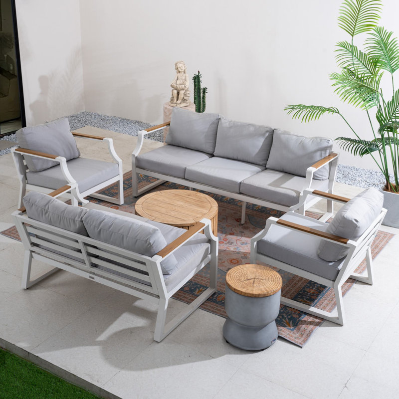 Ensemble de conversation d'extérieur pour 7 personnes avec coussins Bertille, Blanc
