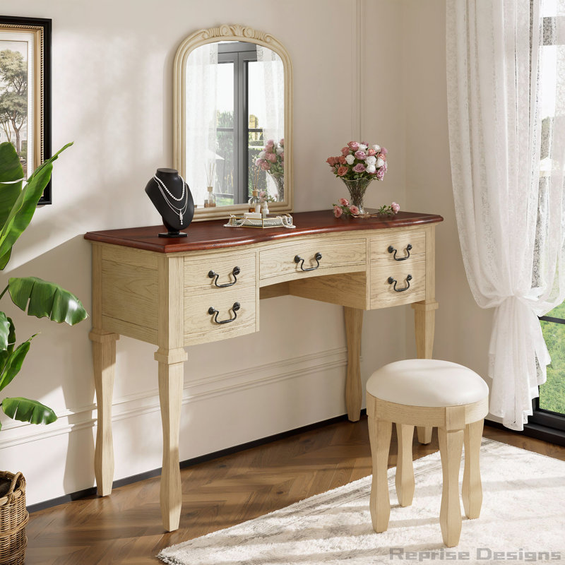 Coiffeuse de maquillage rétro avec miroir à cadre floral courbé, 5 tiroirs et tabouret en cuir pour un décor de chambre à coucher élégant
