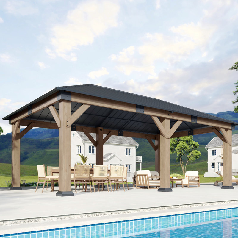 Pavillon de jardin en bois de cèdre 12 po x 20 pi avec toit en acier galvanisé