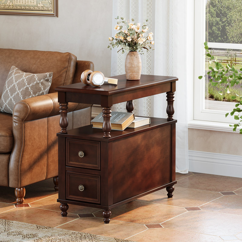 Table d'appoint Mid-Century en bois avec 2 tiroirs pour le salon, Marron foncé, 1