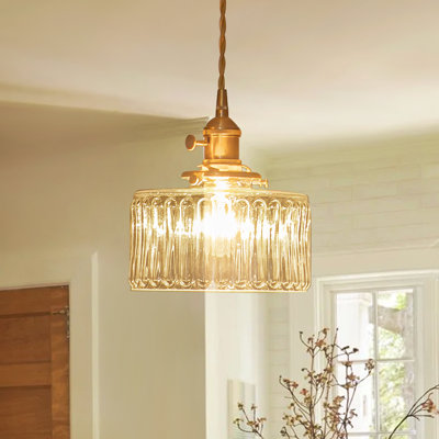 Vintage Single Light Cylinder-Shaped Ribbed Glass Pendant Light