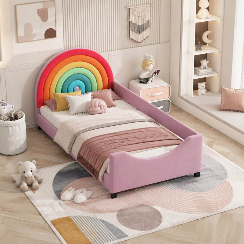 Lit simple tapissier pour enfants Rainbow, Avec garde-corps latéraux, Coloré