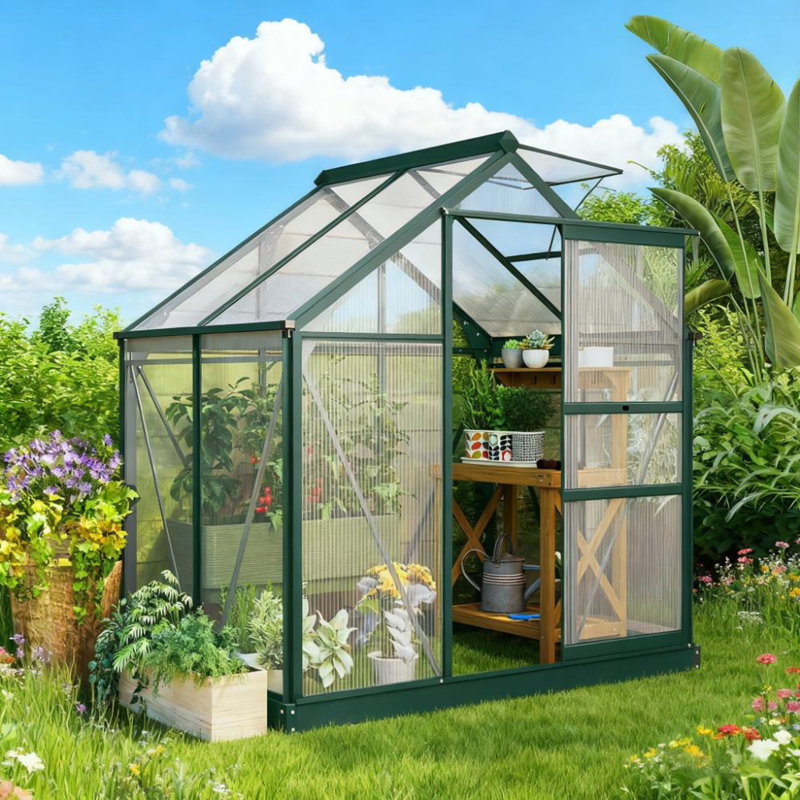 Serre de 6 pi x 4 pi pour l'extérieur, serre en polycarbonate avec gouttière et évent de toit
