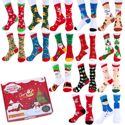 15 Pairs Crew Christmas Holiday Socks, Cozy Funny Cotton Knit Xmas Soft Socks, Colorful Festive Design for Man Woman Girls Winter Novelty Christmas Gifts with Gift Box