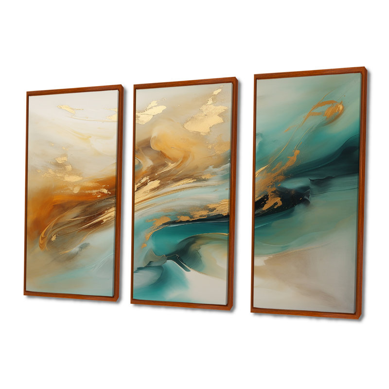 «Golden Sunrise On Turquoise II», ensemble d'art mural abstrait, Cadre flottant brun, H 28 po x l 36 po x P 1 po