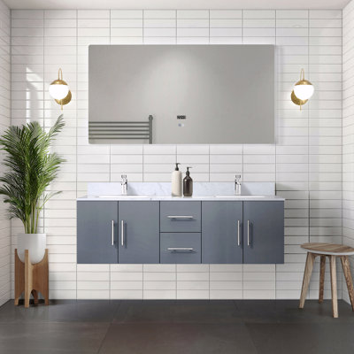 Meuble-lavabo double 60 po de largeur x 22 po de profondeur, comptoir en marbre de Carrare