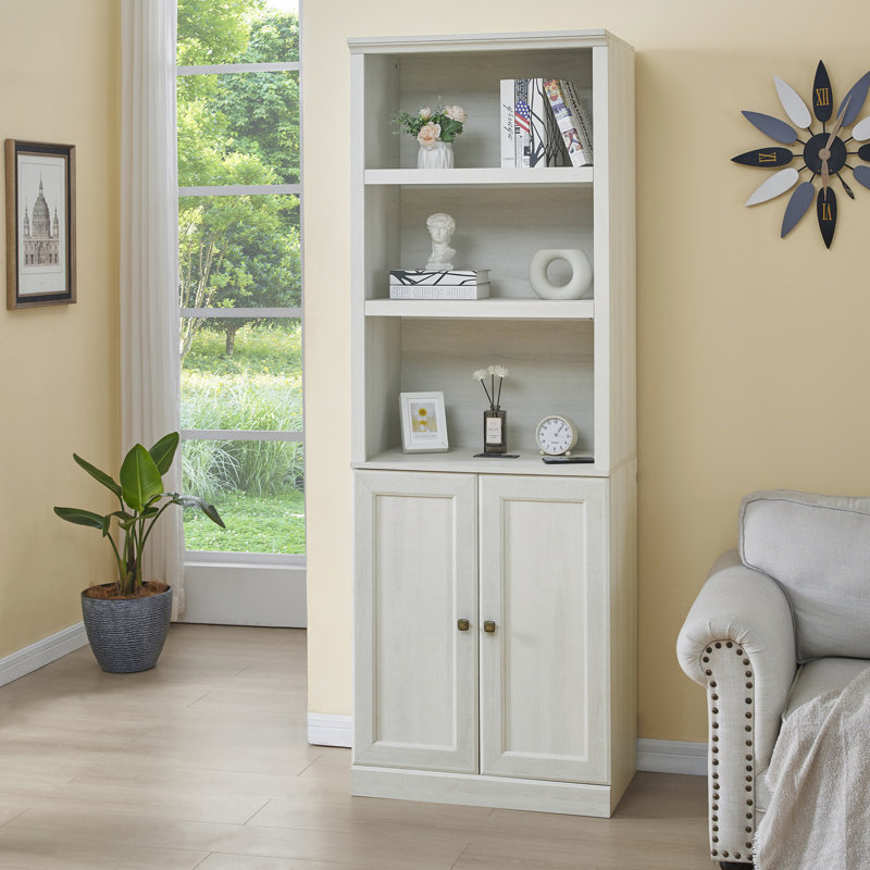 Bookshelf with USB Port and 3 Open Shelves, Rustic White