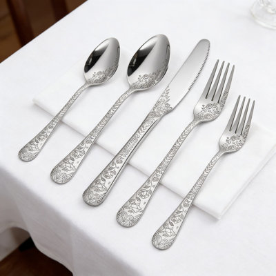 Vintage Floral Embossed Stainless Steel Flatware Set, 30-Piece Cutlery With Rose Gold/Copper Finish, Elegant Dining Utensils For Home, Restaurant, And Special Occasions