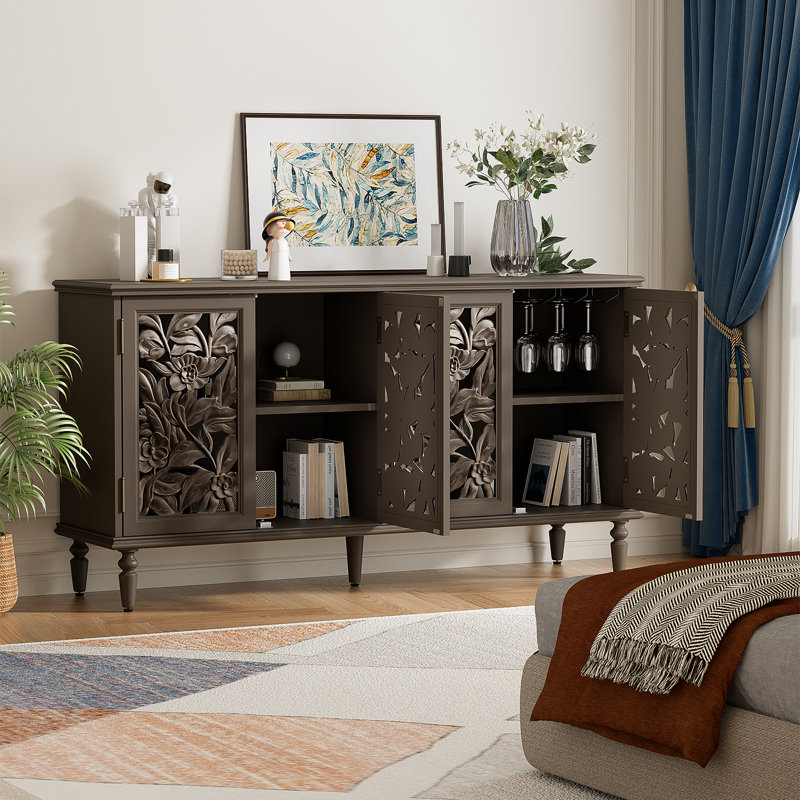 Traditional 61'' W Sideboard with LED Light and Cable Management and Adjustable Shelves, Brown