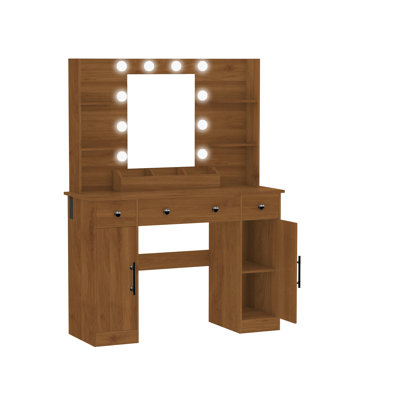 Meuble-lavabo 43,7 po de style ferme avec miroir lumineux et prise de courant, 3 tiroirs