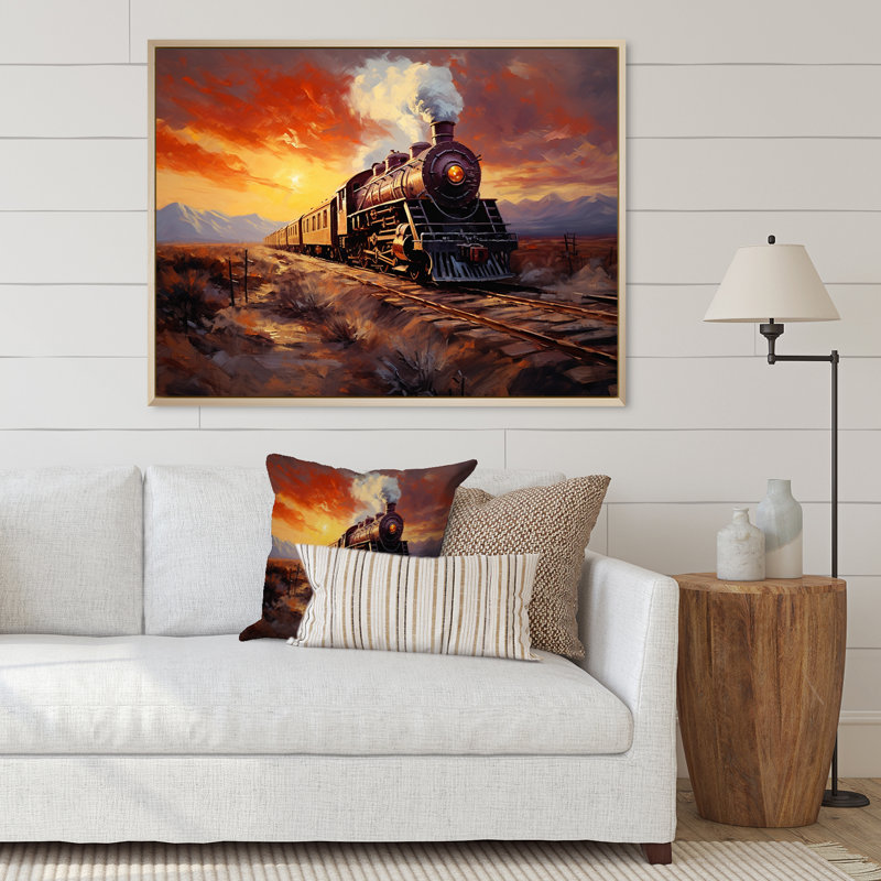 Impression sur toile, "Steamtrain Travelling Sunset Landscape I", Cadre naturel flottant, H 16 po x l 32 po x P 1 po