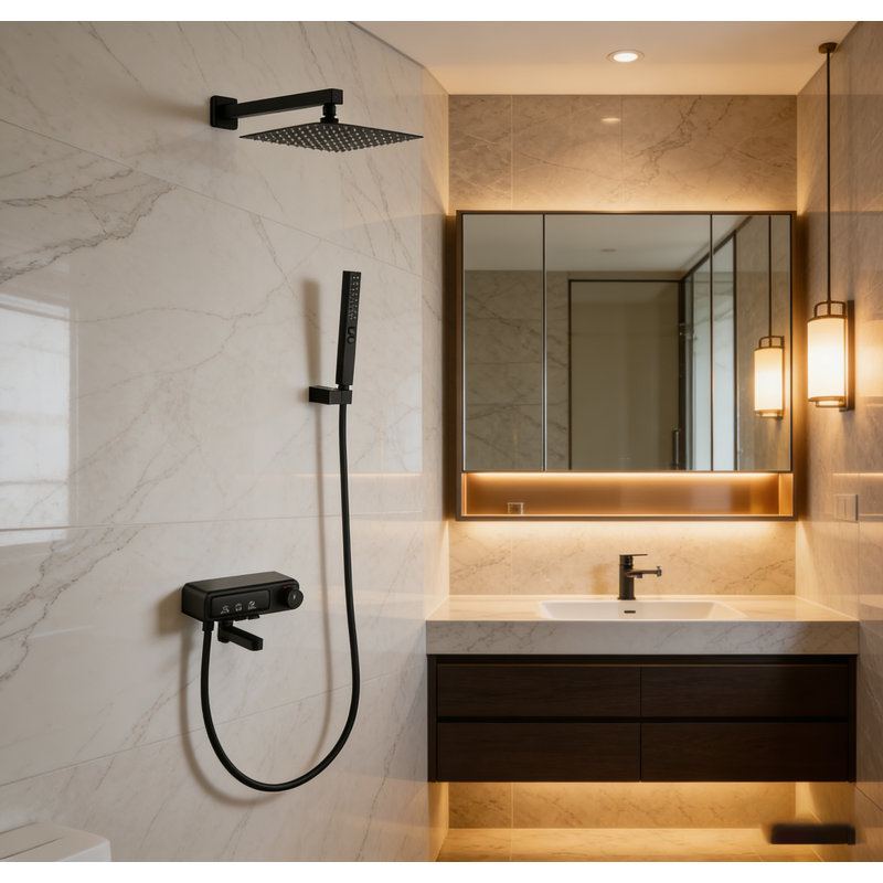Système de douche à pluie haute pression 10 po, robinet de douche mural avec douchette, Noir mat
