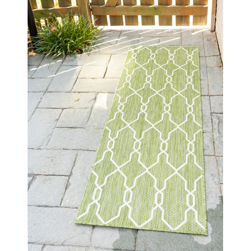 Tapis intérieur / extérieur géométrique vert / ivoire Vidette, Tapis de couloir 2 pi x 6 pi