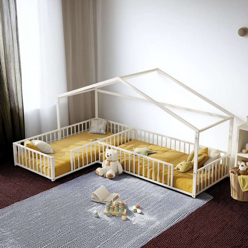 Double Twin L-Shaped Montessori House Bed Frame with Fence, Metal Corner Floor Bed for 2 Kids, Toddler-Friendly Design, No Slats