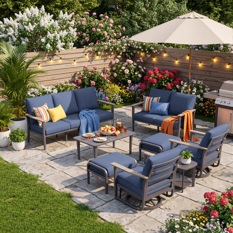 Ensemble de conversation pour patio extérieur 9 personnes avec 2 chaises berçantes pivotantes, 2 poufs, une table basse et une table d'appoint