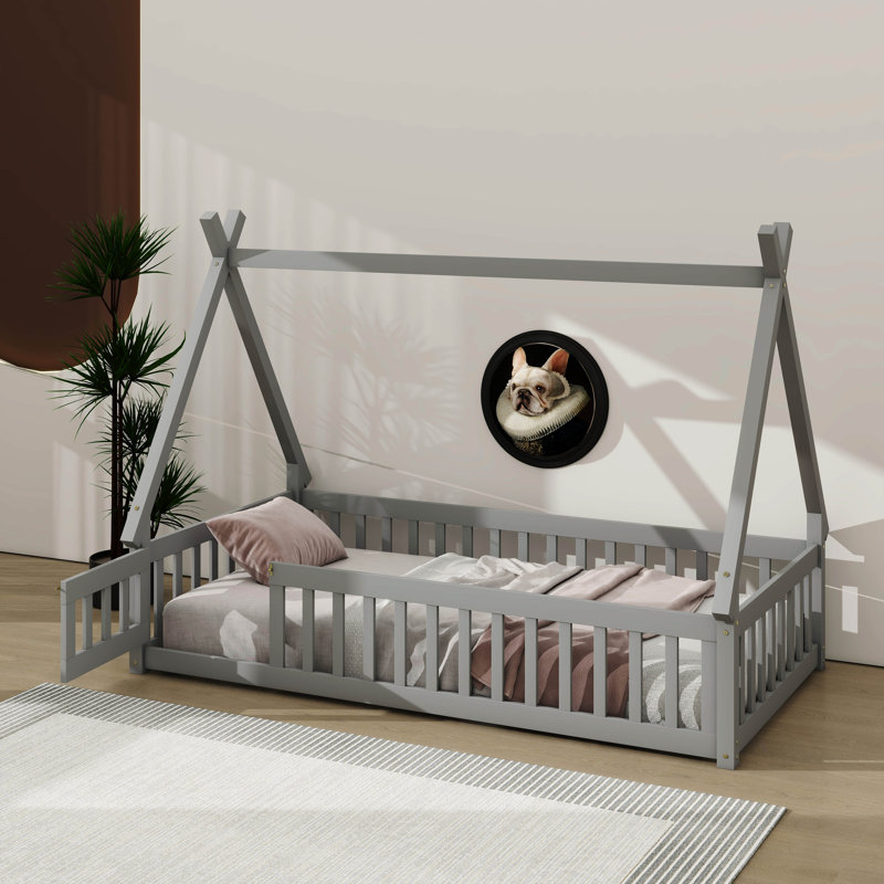 Lit-bateau bas avec clôture et accès Montessori, gris, Simple