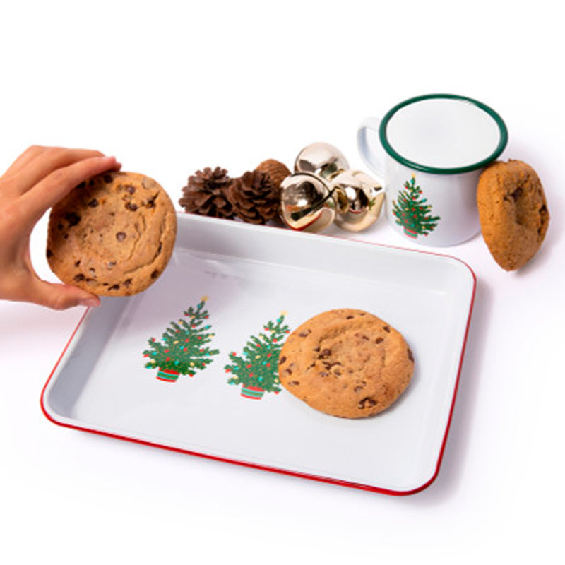 Crow Canyon Enamelware Helmsie x CCH Christmas Trees Small Rectangular Tray, Red Rim